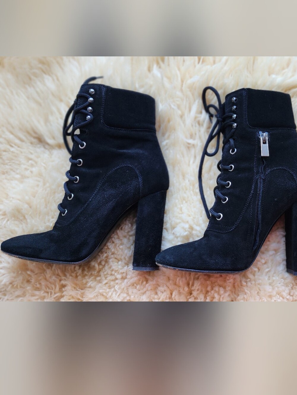 Barneys New York Black Suede Lace-Up Block Heel Ankle Boots